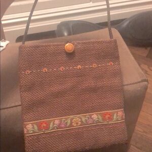 Patch woven bag w/beading &wood button closure